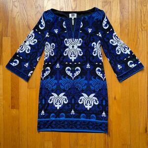 Laundry by Design Blue Black Damask Print 3/4 Bell Sleeve Sheath Dress 4 Coastal